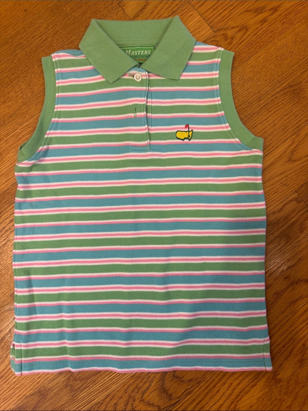 Masters Collection Girls' Sleeveless Polo in Green with Pink & White Stripes 4T